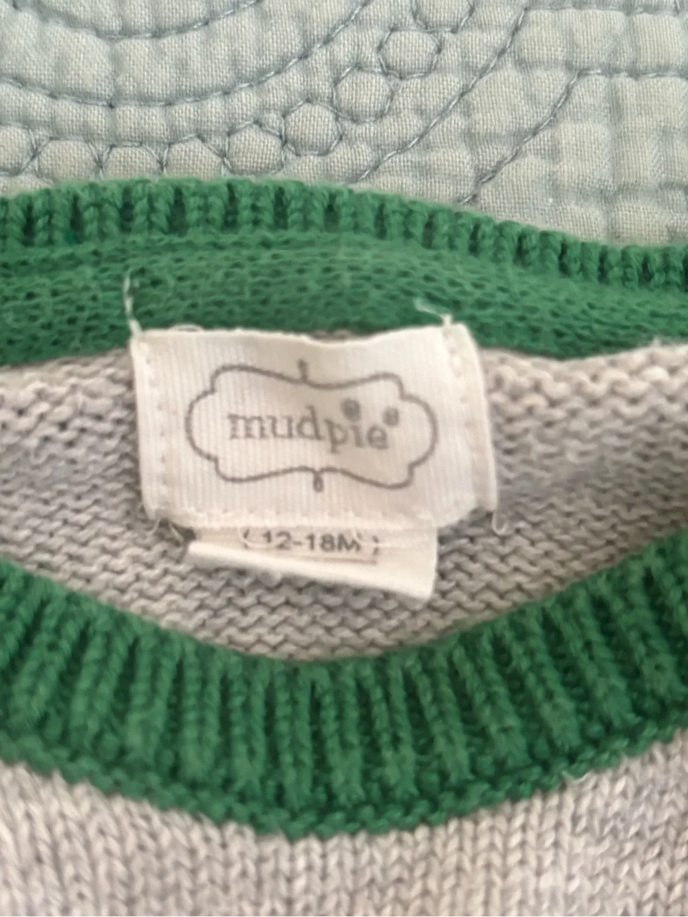 Mud Pie Baby Gray and Cream Reindeer Sweater with Green Trim